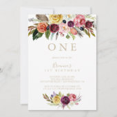 Invitation Gold Feather Boho Tropical Première fête d'anniver (Devant)