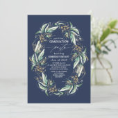 Invitation Gold Feuille Green Wreath Marine Blue Graduation (Debout devant)