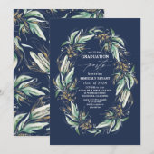 Invitation Gold Feuille Green Wreath Marine Blue Graduation (Devant / Derrière)