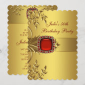 Invitation Gold Feuille Red Jewel Womans 50e fête d'anniversa (Devant / Derrière)