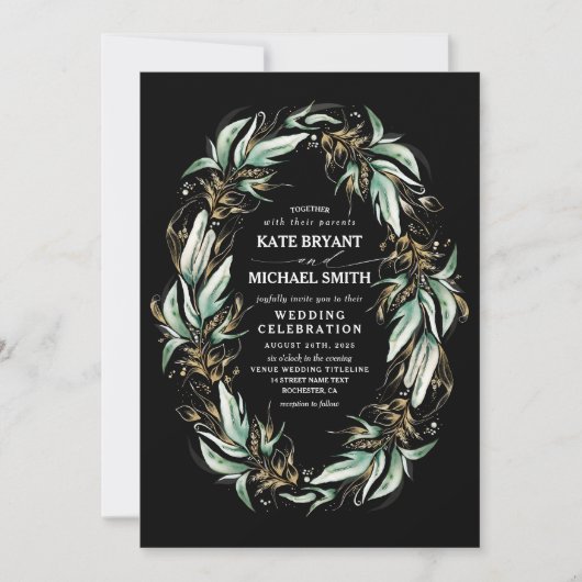 Invitation Gold Feuille verdure Wreath Black Modern Mariage (Devant)