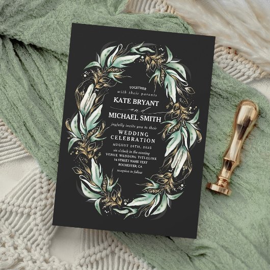 Invitation Gold Feuille verdure Wreath Black Modern Mariage