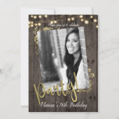 Invitation Gold Feuilles éclaire Rustic Dark Wood fête d'anni (Devant)