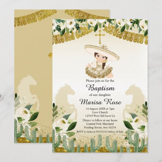 Invitation Gold Fiesta Girl Baptism Christening (Devant / Derrière)
