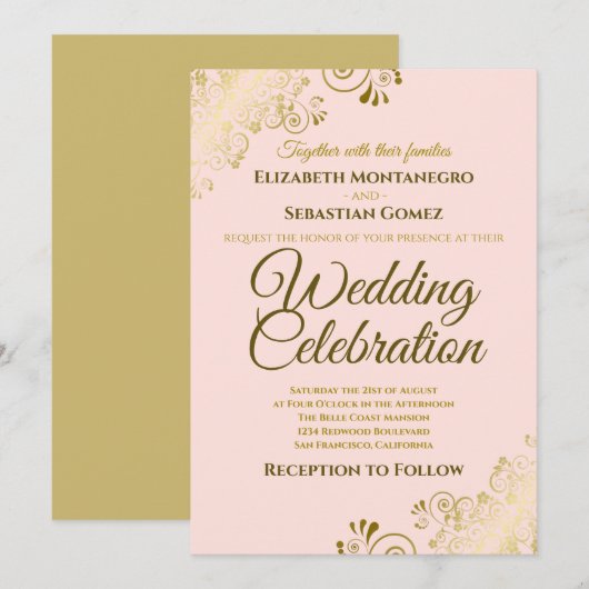 Invitation Gold Filigree Chic Elegant Blush Pink Mariage (Devant / Derrière)