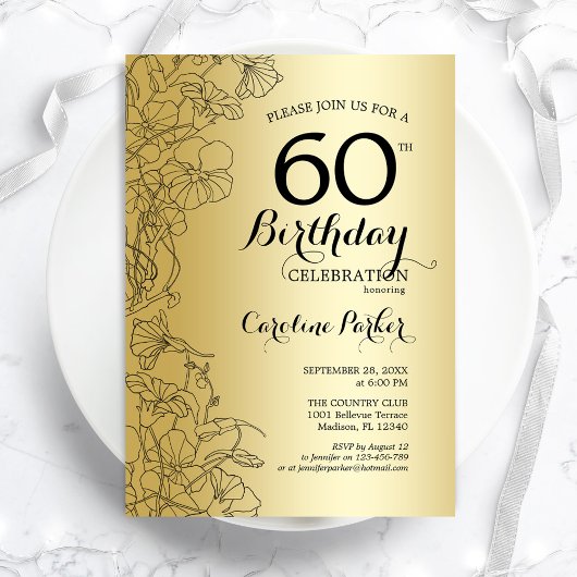 Invitation Gold Floral 60e fête d'anniversaire