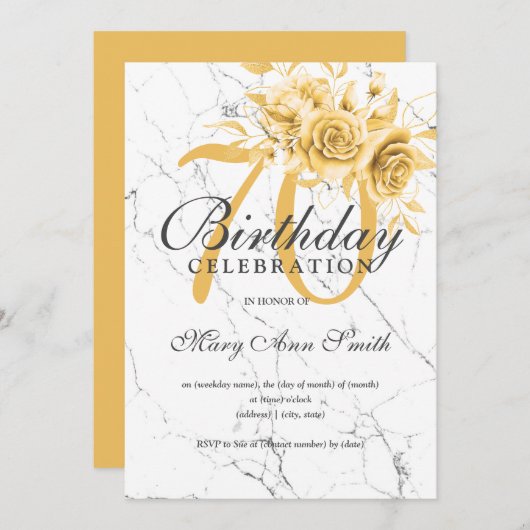 Invitation Gold Floral 70e Anniversaire Marbre de fête (Devant / Derrière)