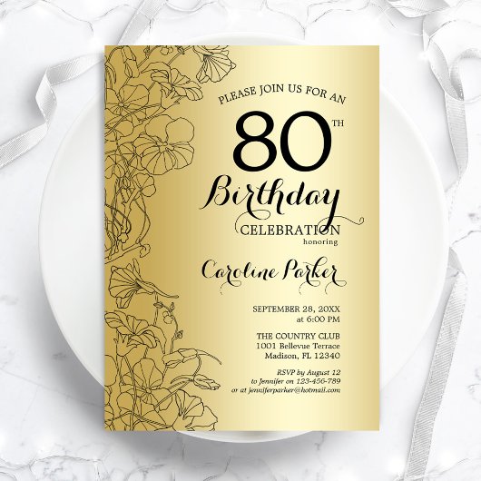 Invitation Gold Floral 80e fête d'anniversaire