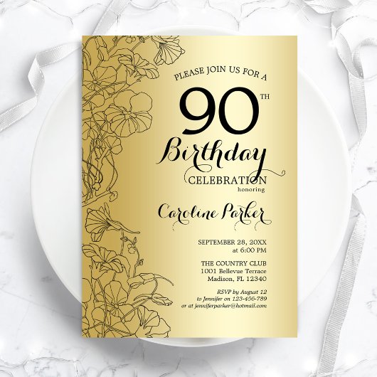 Invitation Gold Floral 90e fête d'anniversaire