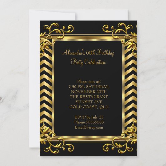 Invitation Gold Floral Black Chevron Élégante fête d'annivers (Dos)