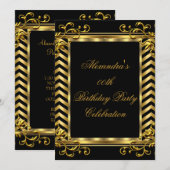 Invitation Gold Floral Black Chevron Élégante fête d'annivers (Devant / Derrière)