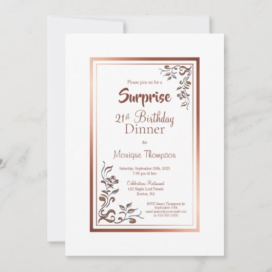 Invitation Gold Floral Border Surprise 21e anniversaire Dîner (Devant)