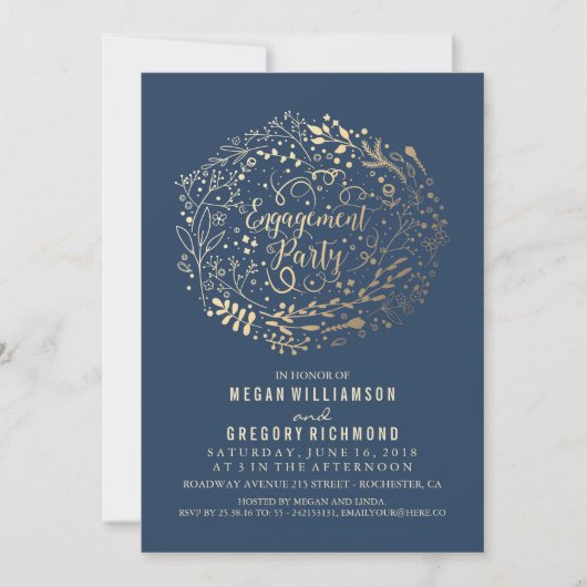 Invitation Gold Floral Bouquet Navy (Devant)