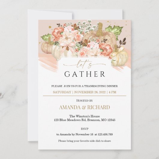 Invitation Gold Floral Citrouille Thanksgiving Dîner Invitati (Devant)