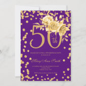 Invitation Gold Floral & Confetti 50e anniversaire violet (Devant)