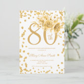 Invitation Gold Floral & Confetti 80e anniversaire (Debout devant)