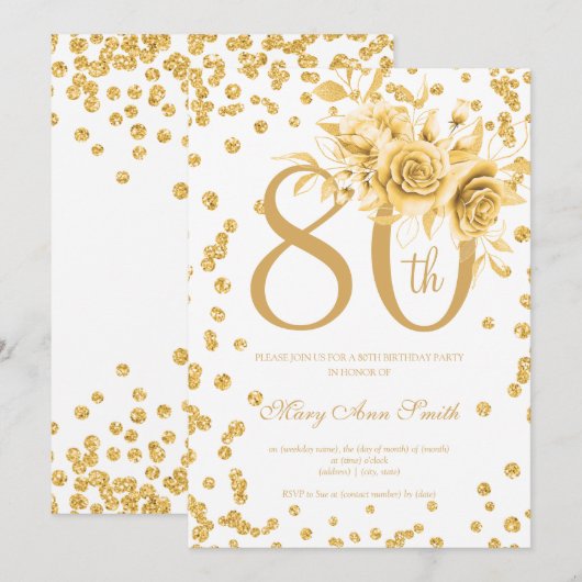 Invitation Gold Floral & Confetti 80e anniversaire (Devant / Derrière)