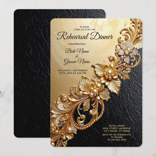 Invitation Gold Floral Embellishments Rehearsal Dinner (Devant / Derrière)