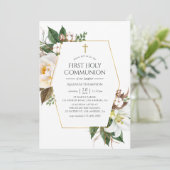 Invitation Gold Floral Géométrique Première Communion sainte (Debout devant)