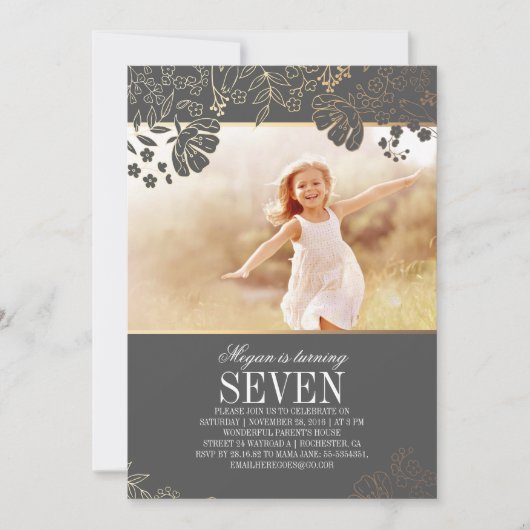 Invitation Gold Floral Girl Photo Anniversaire Fête Invitatio (Devant)