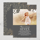 Invitation Gold Floral Girl Photo Anniversaire Fête Invitatio (Devant / Derrière)