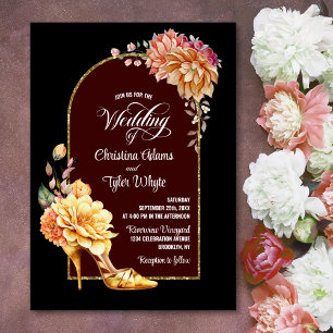 Invitation Gold Floral haut talon noir Mariage d'arc