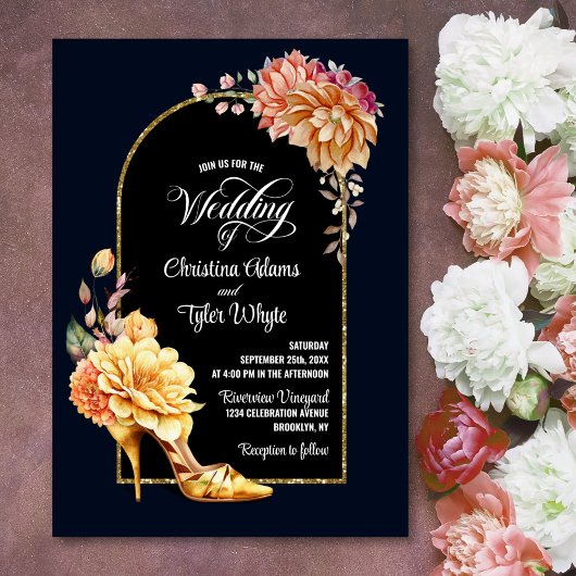 Invitation Gold Floral High Heel Marine Mariage Arc bleu