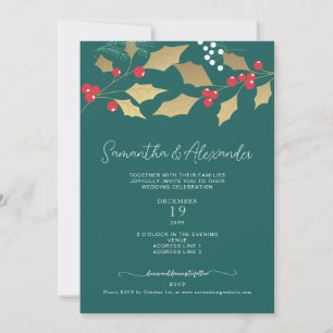 Invitation Gold Floral Holly Mistletoe Mariage de Noël