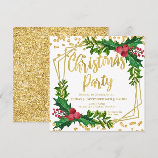 Invitation Gold Floral Holly Parties scintillant Noël Entrepr (Devant / Derrière)