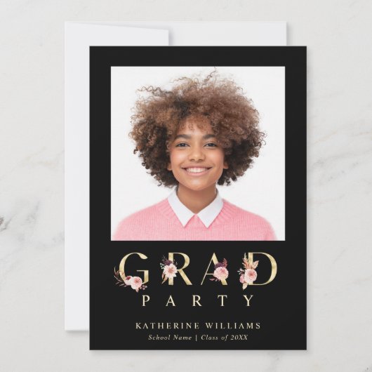 Invitation Gold Floral Lettres Graduation Party Photo (Devant)