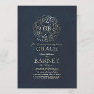 Invitation Gold Floral Monogramme Vintage Navy