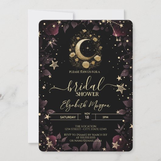 Invitation Gold Floral Moon,Stars Roses Bridal Shower (Devant)
