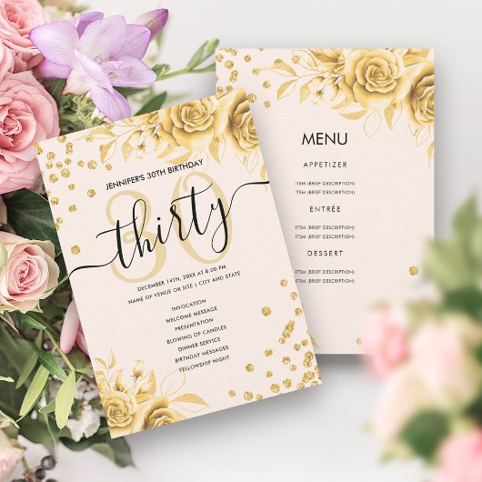 Invitation Gold Floral Parties scintillant 30th Birthday Menu