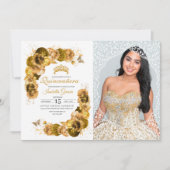 Invitation Gold Floral Quinceanera Photo Anniversaire (Devant)
