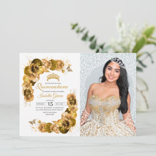 Invitation Gold Floral Quinceanera Photo Anniversaire (Debout devant)
