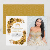 Invitation Gold Floral Quinceanera Photo Anniversaire (Devant / Derrière)