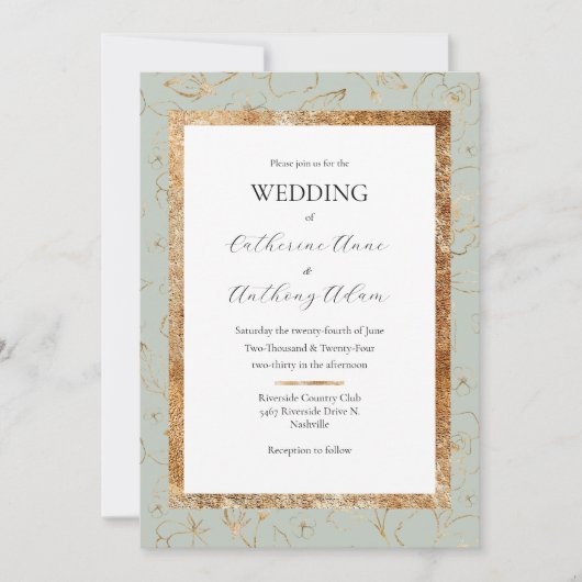 Invitation Gold Floral Sage Vert Mariage moderne (Devant)