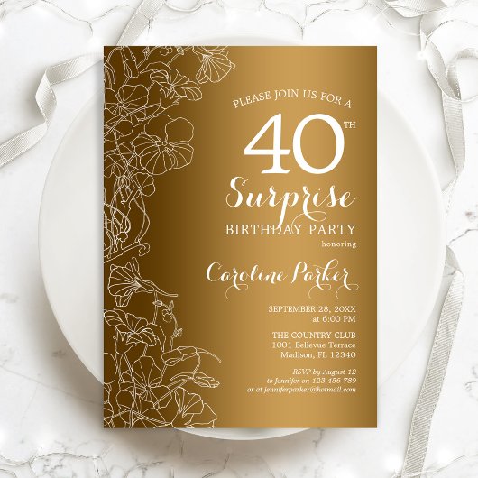 Invitation Gold Floral Surprise 40e fête d'anniversaire