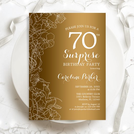 Invitation Gold Floral Surprise 70e anniversaire fête