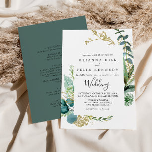 Invitation Gold Floral Tropical Green Mariage avant et arrièr