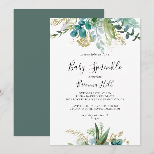 Invitation Gold Floral Tropical Greenery Baby Sprinkle (Devant / Derrière)