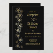 Invitation Gold Flowers Black Surprise Dîner 50e anniversaire (Devant / Derrière)