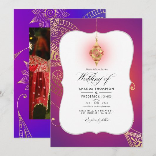 Invitation Gold Foil Arabian Bollywood Mariage Photo Invitati (Devant / Derrière)