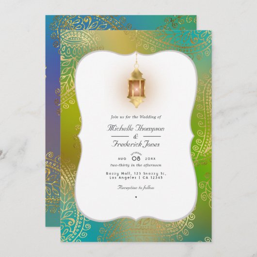 Invitation Gold Foil Arabian Bollywood QR Code RSVP Wedding (Devant / Derrière)