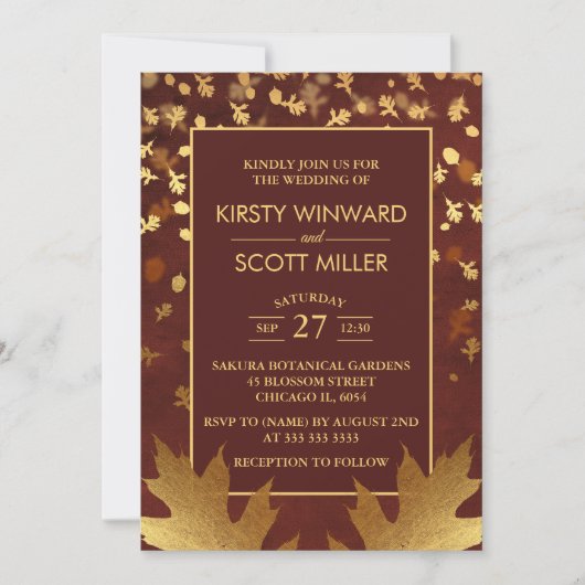 Invitation Gold Foil Automne Feuilles Mariage (Devant)