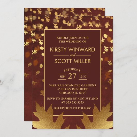 Invitation Gold Foil Automne Feuilles Mariage (Devant / Derrière)