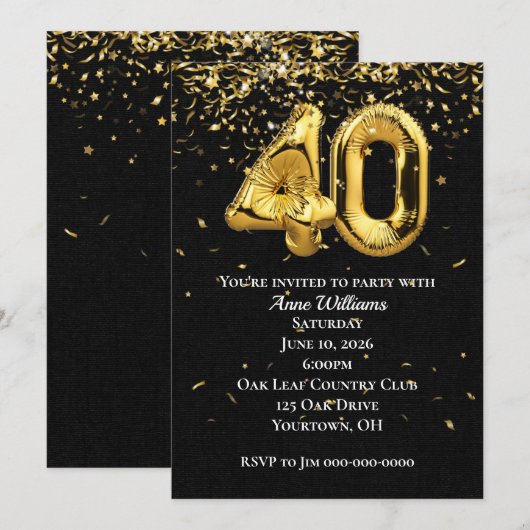 Invitation Gold Foil Ballons 40e anniversaire de fête Invitat (Devant / Derrière)