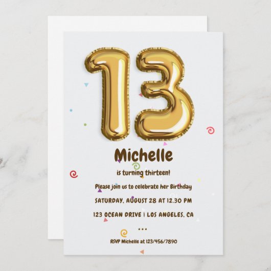 Invitation Gold Foil Balloon et Confetti 13e fête d'anniversa (Devant / Derrière)