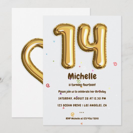 Invitation Gold Foil Balloon et Confetti 14e fête d'anniversa (Devant / Derrière)