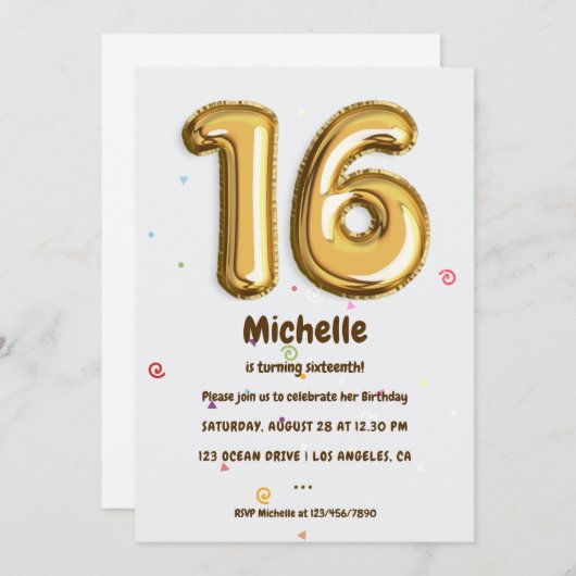 Invitation Gold Foil Balloon et Confetti 16e fête d'anniversa (Devant / Derrière)